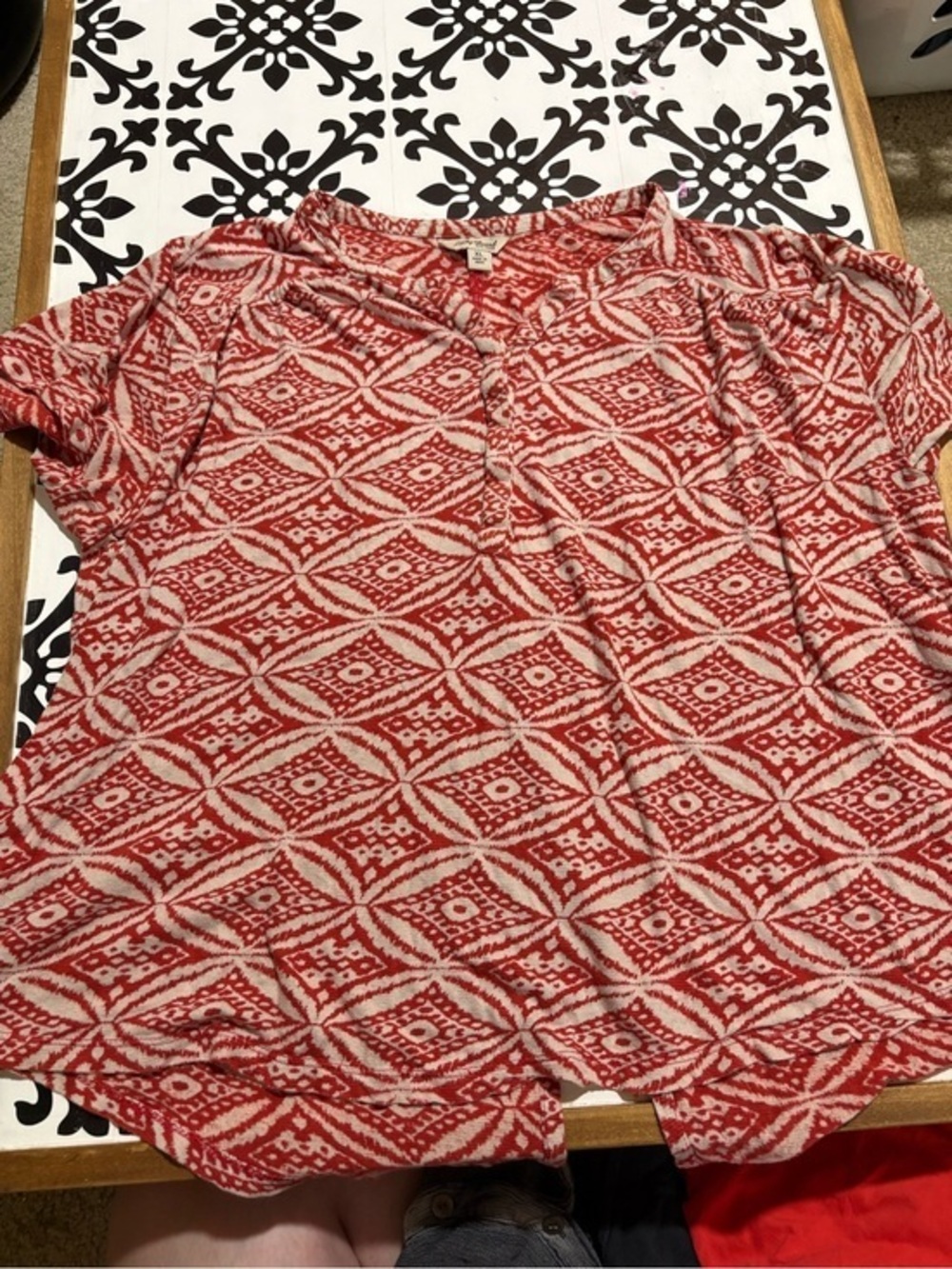 Lucky Brand Red and Cream Geometric Short-Sleeve Blouse